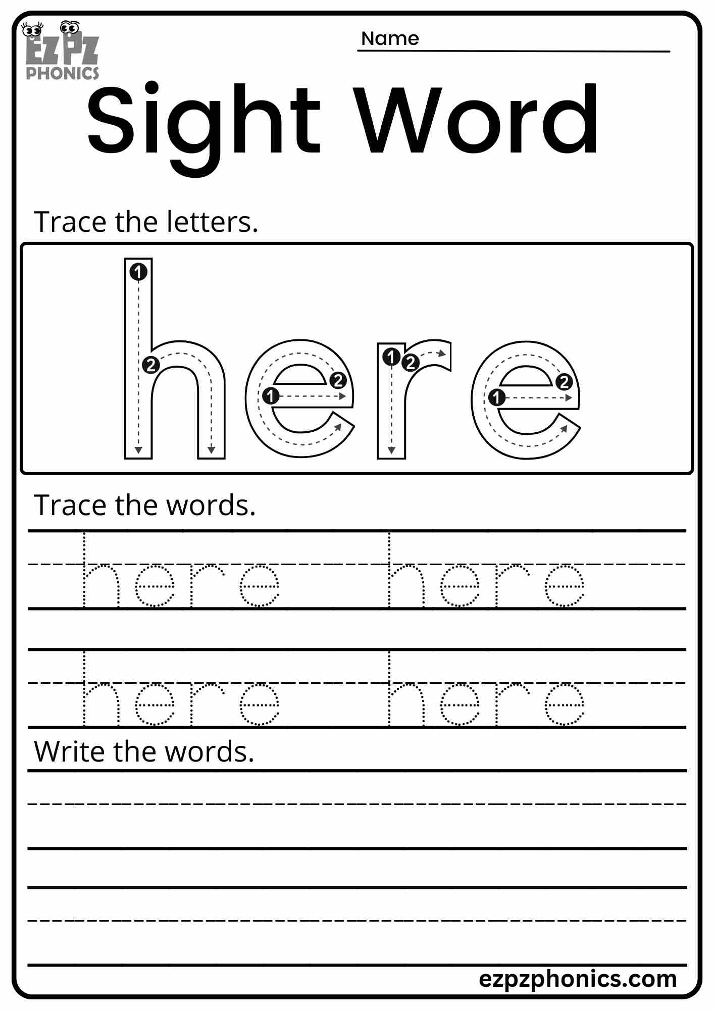 Dolch Sight Word "Here" Activity for Early Learners PDF Download Set 2
